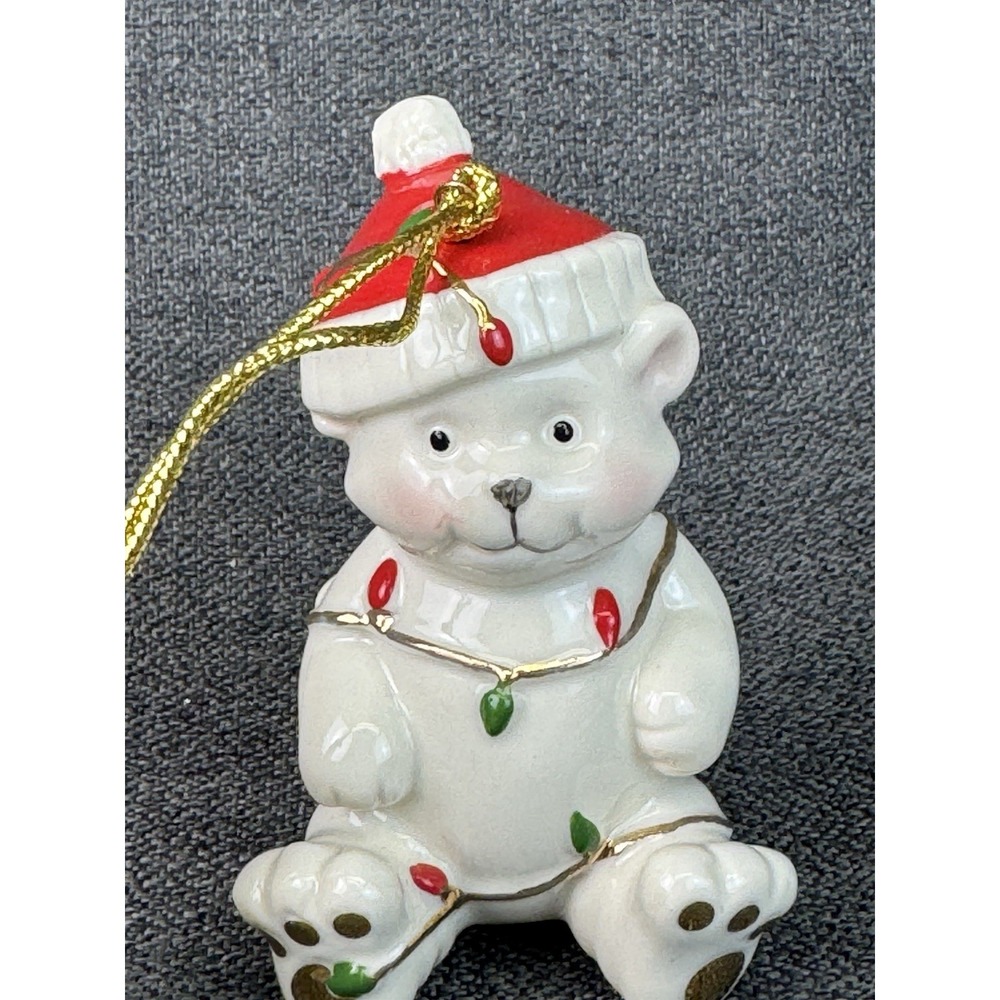 Lenox Very Merry Porcelain Teddy Bear Christmas Ornament Decorated With Lights
